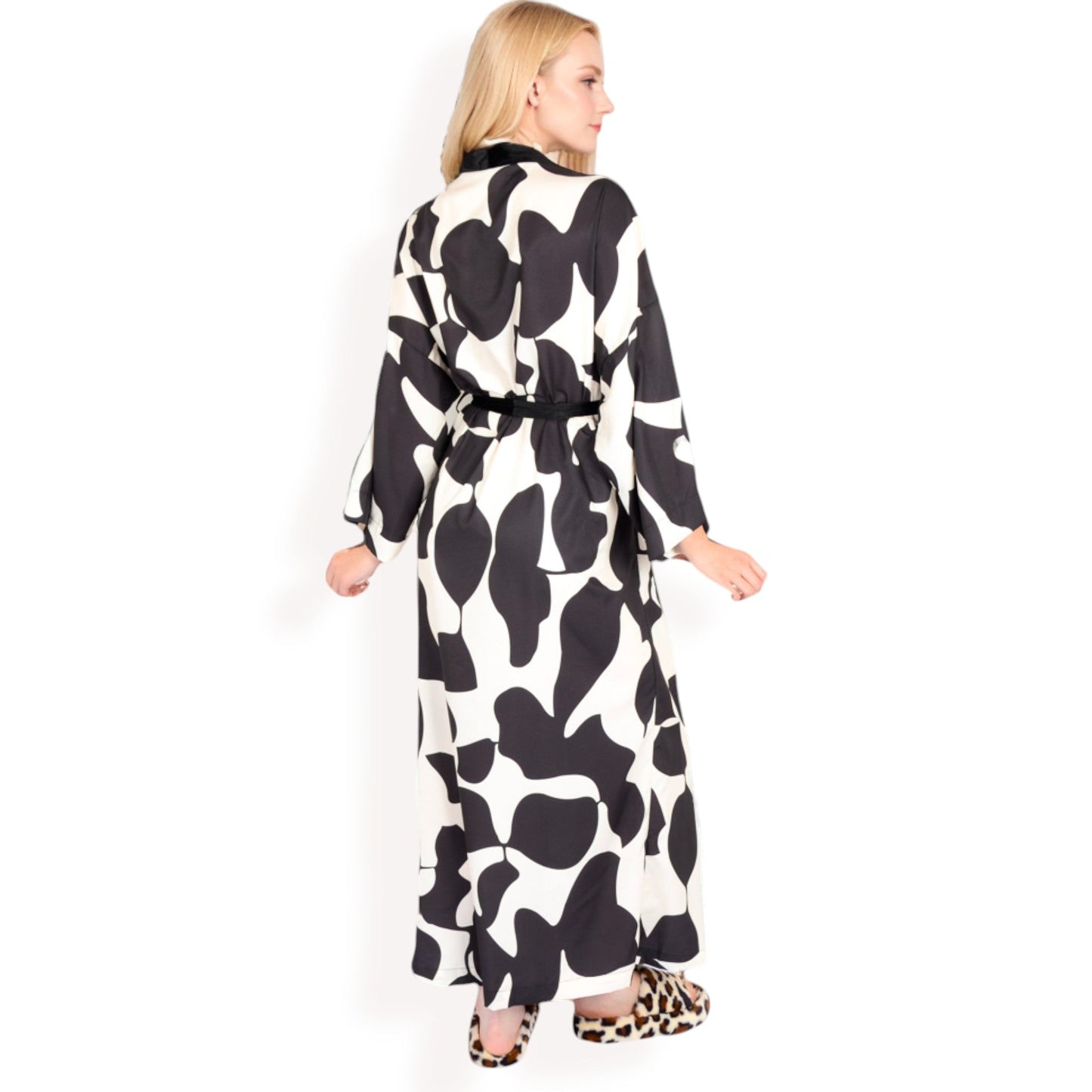Abstract Print Satin Duster Robe with Velvet Trim and Tie Waist