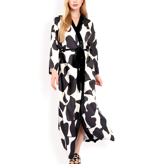 Abstract Print Satin Duster Robe with Velvet Trim and Tie Waist