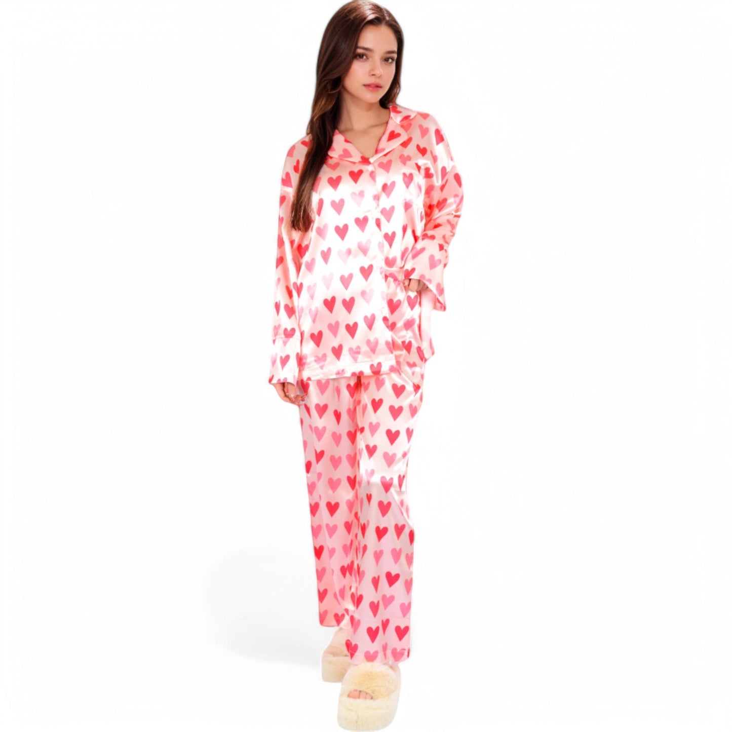 Pink Heart Print Pajama Set with Button-Up Long Sleeve Top and Relaxed Fit Pants