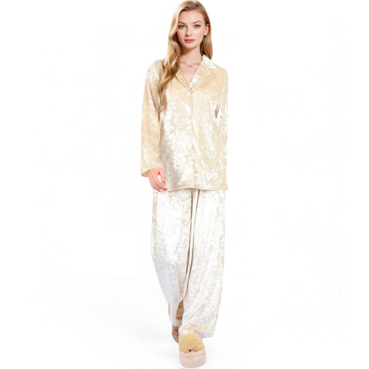Crushed Velvet Lounge Set with Button-Up Long Sleeve Top and Wide-Leg Pants