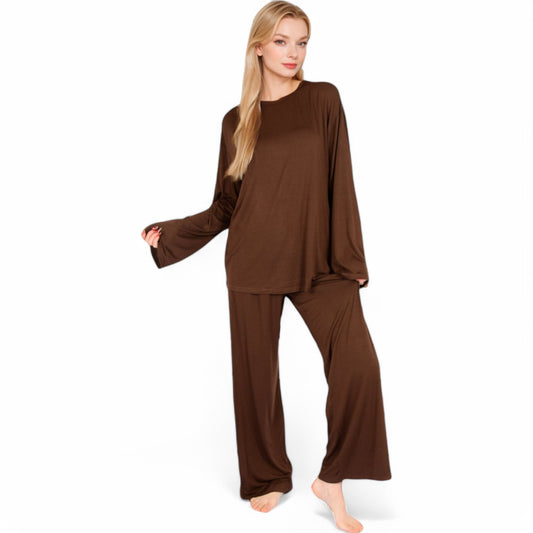 Minimalist Lounge Set with Long Sleeve Oversized Top and Wide-Leg Pants