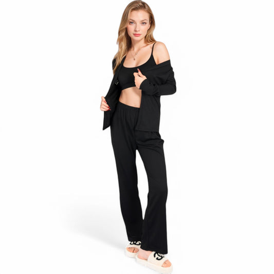 Ribbed Knit Lounge Set with Open Front Cardigan, Bralette, and Wide-Leg Pants