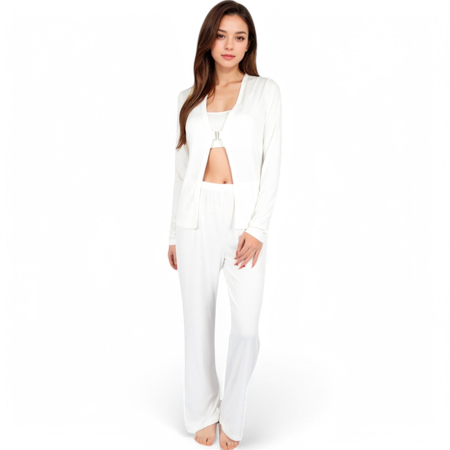 Ribbed Knit Lounge Set with Open Front Cardigan, Bralette, and Wide-Leg Pants