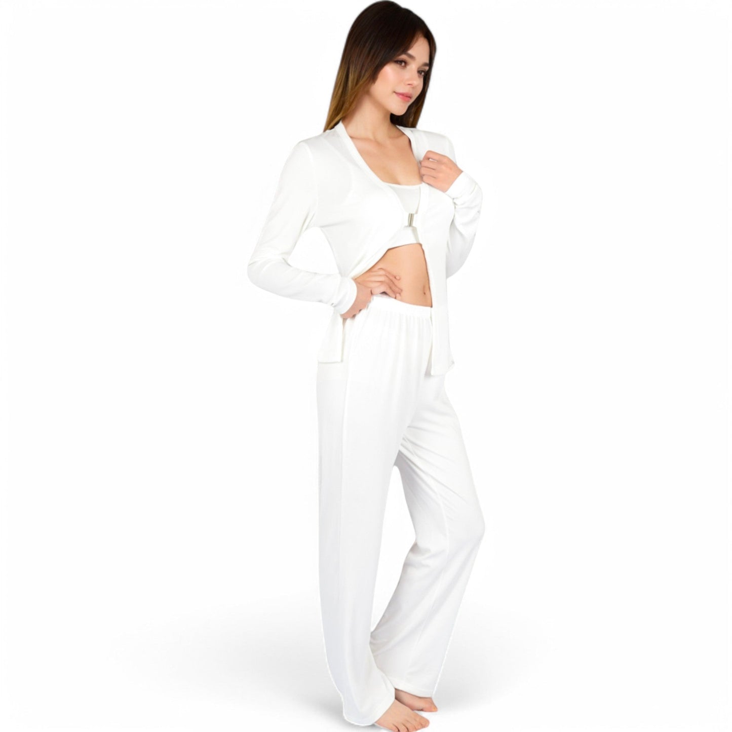 Ribbed Knit Lounge Set with Open Front Cardigan, Bralette, and Wide-Leg Pants