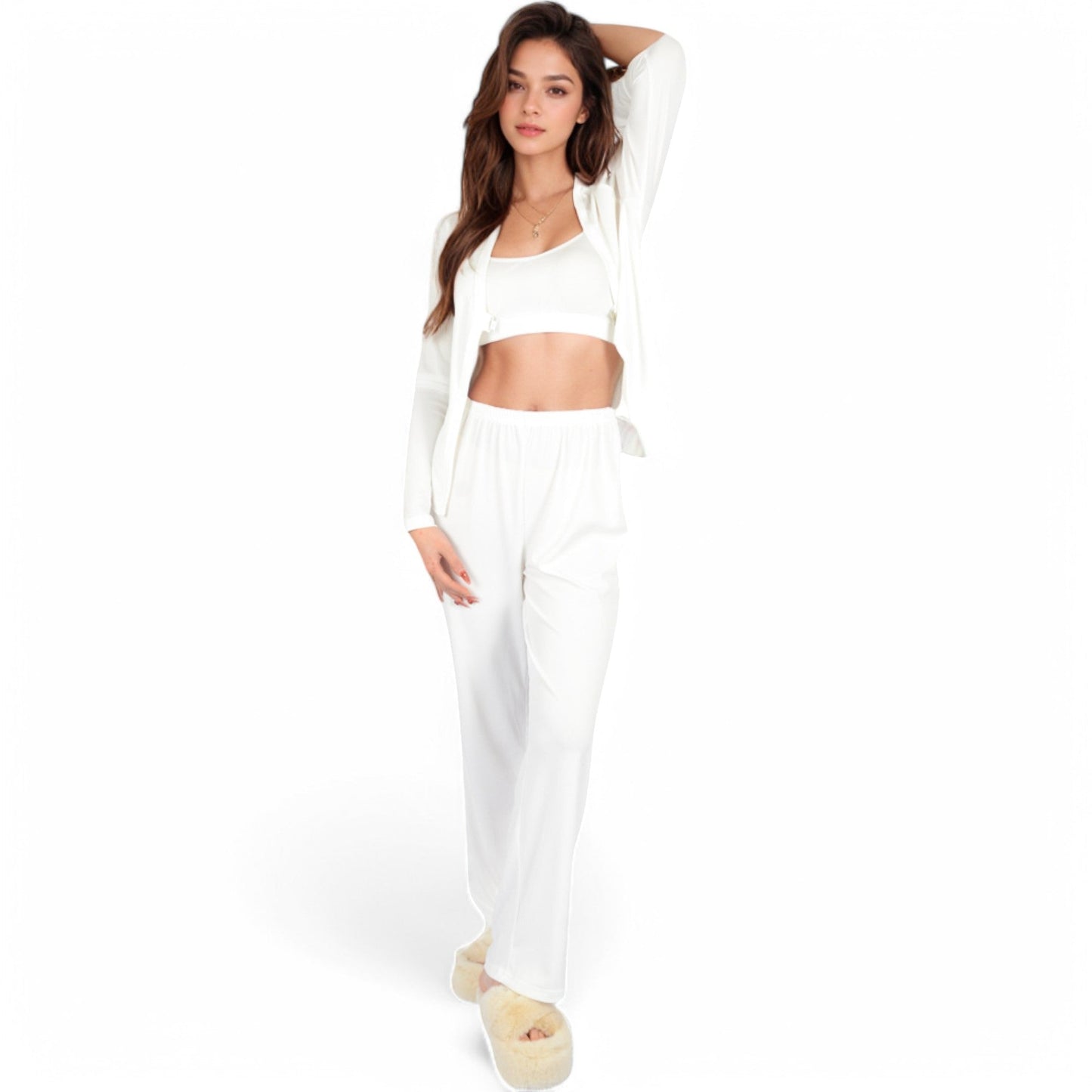 Ribbed Knit Lounge Set with Open Front Cardigan, Bralette, and Wide-Leg Pants