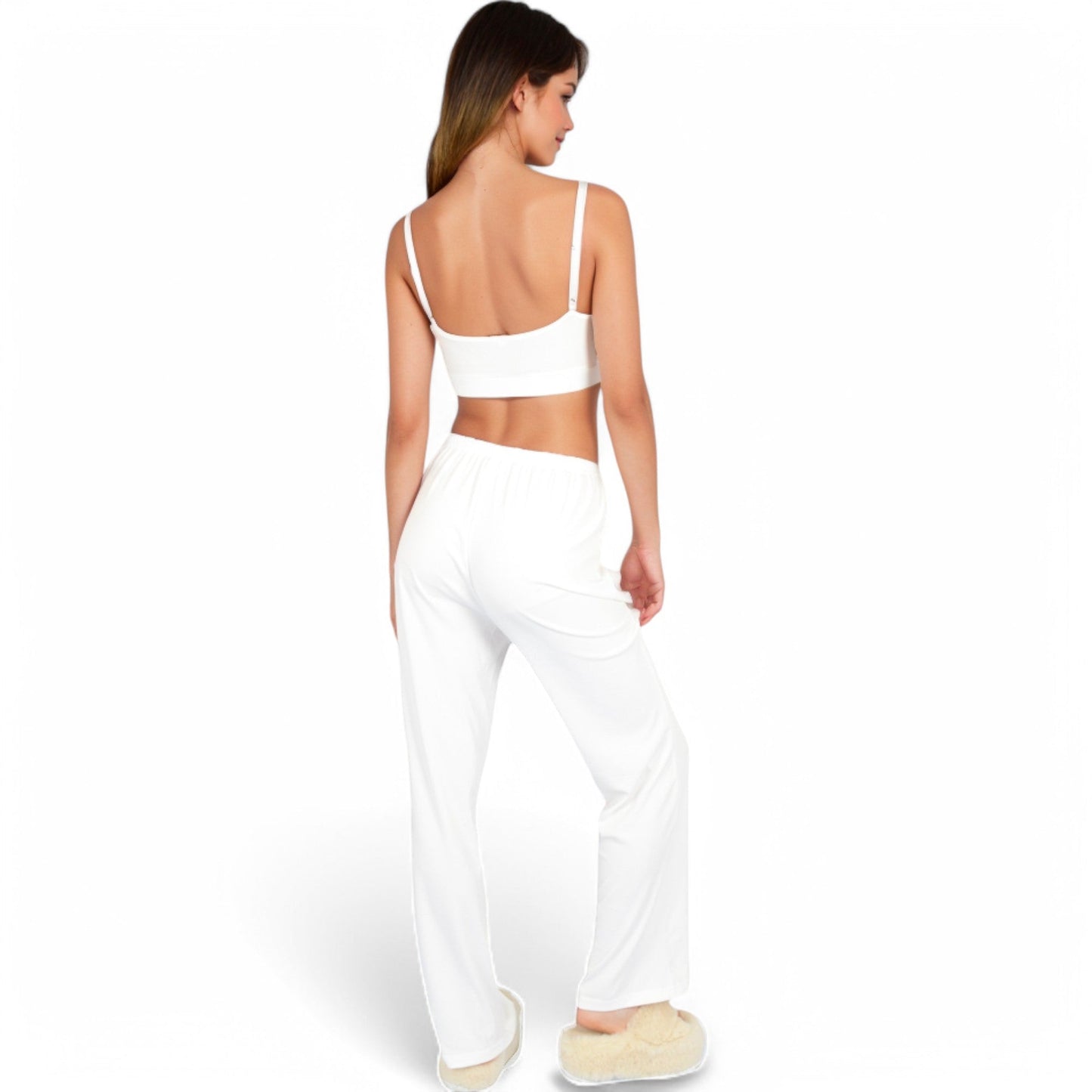 Ribbed Knit Lounge Set with Open Front Cardigan, Bralette, and Wide-Leg Pants