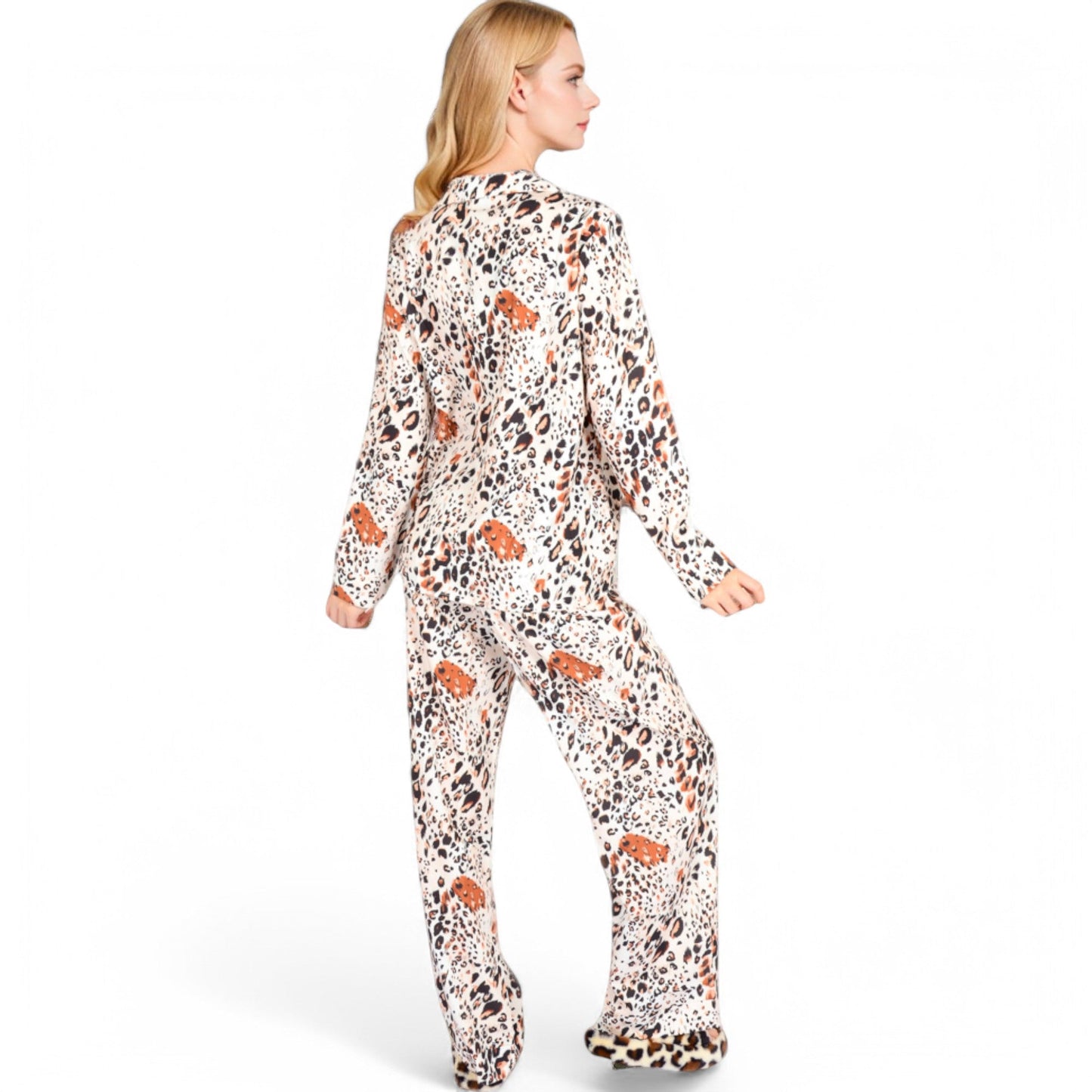 Satin Leopard Print Lounge Set with Button-Up Top and Wide-Leg Pants