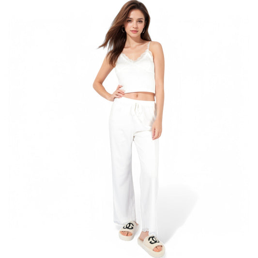 Lace Trim Ribbed Knit Pajama Set with Adjustable Drawstring