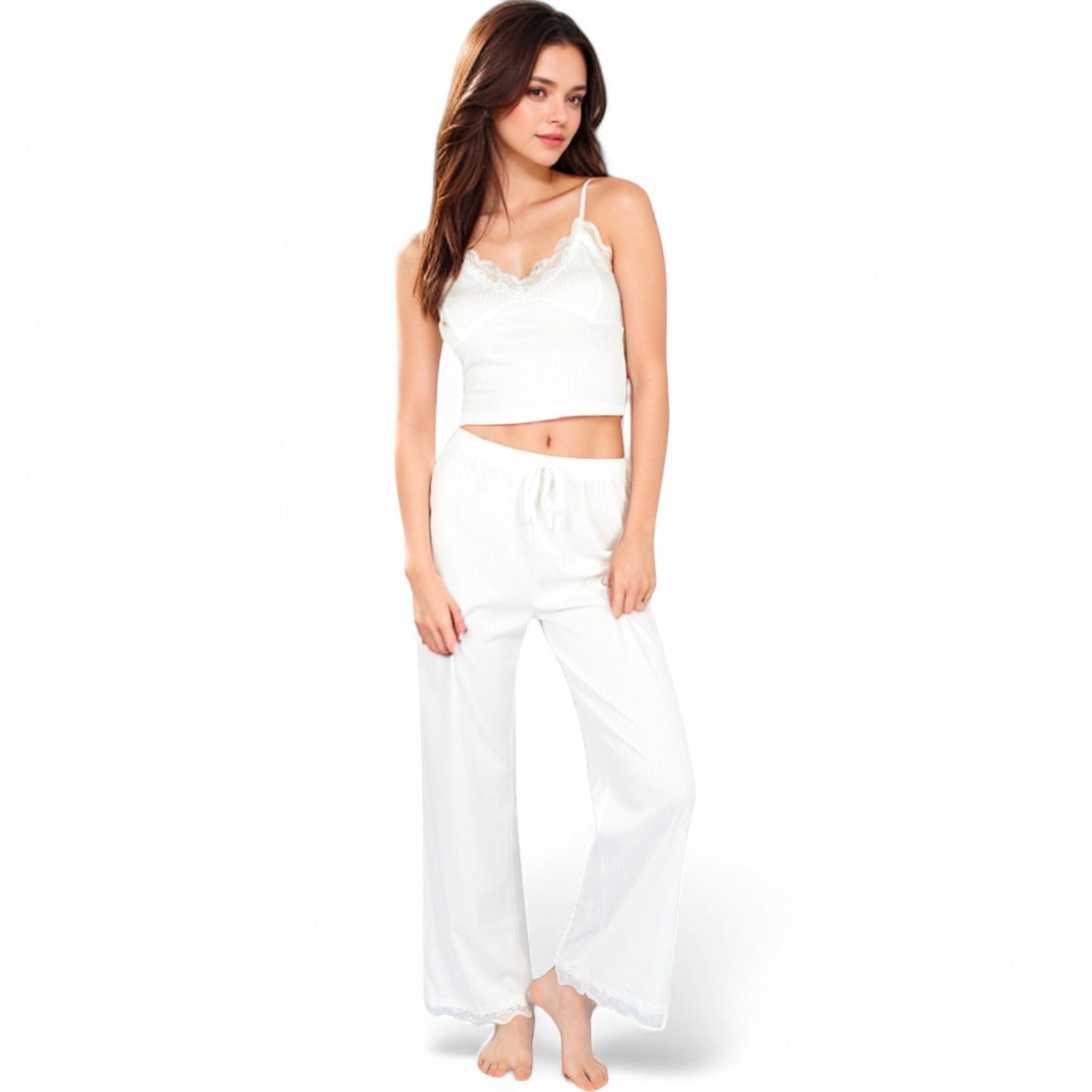 Lace Trim Ribbed Knit Pajama Set with Adjustable Drawstring