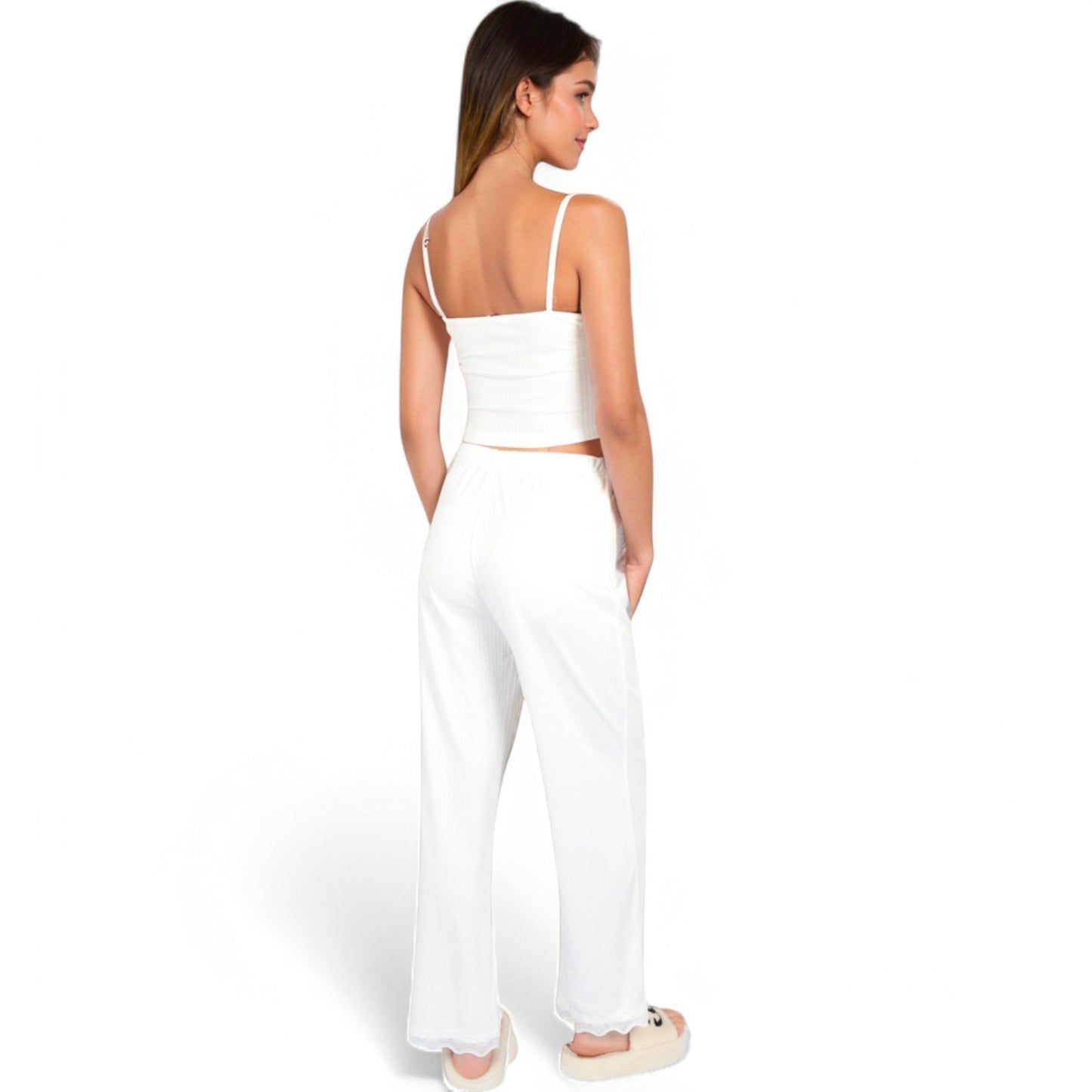 Lace Trim Ribbed Knit Pajama Set with Adjustable Drawstring