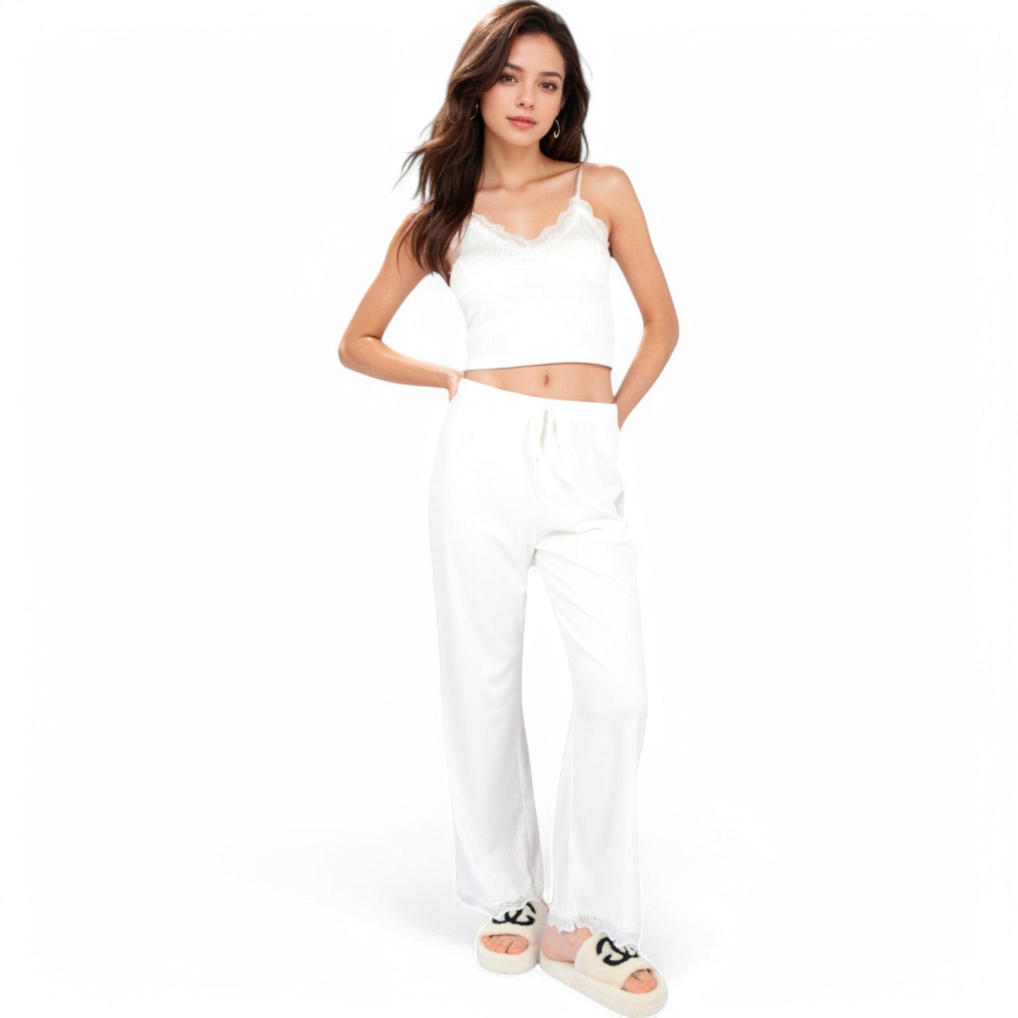 Lace Trim Ribbed Knit Pajama Set with Adjustable Drawstring