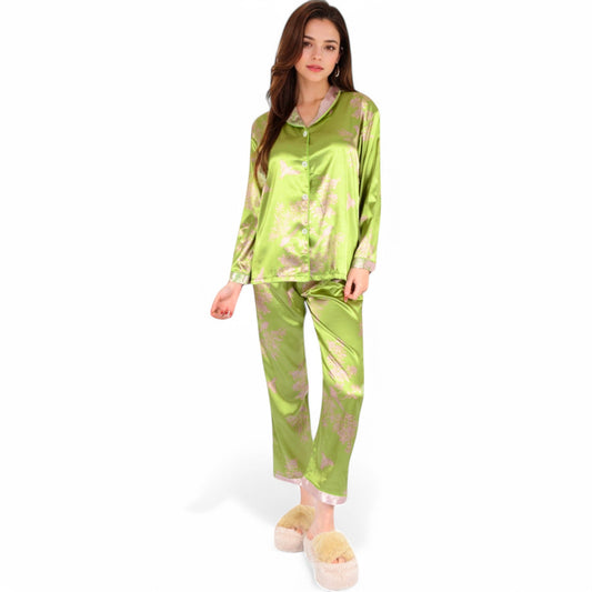 Satin Bamboo Print Pajama Set with Contrast Trim