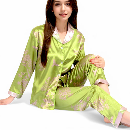 Satin Bamboo Print Pajama Set with Contrast Trim