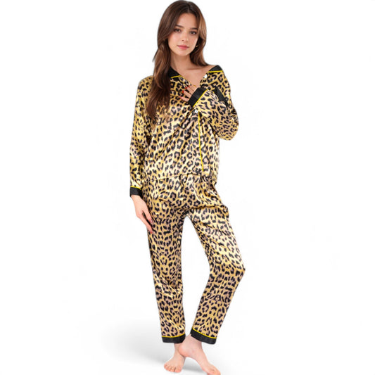 Satin Leopard Print Pajama Set with Button-Down Top