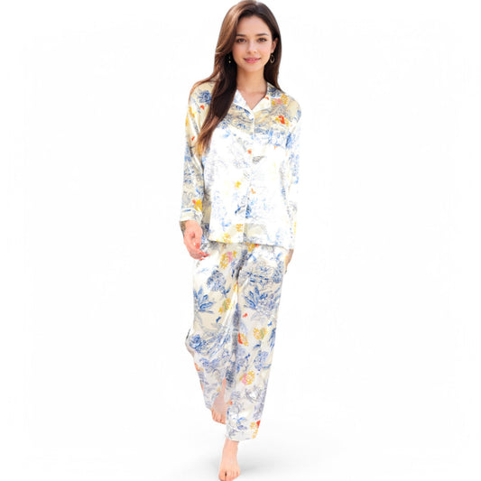 Botanical Print Satin Pajama Set with Button-Up Top and Long Pants