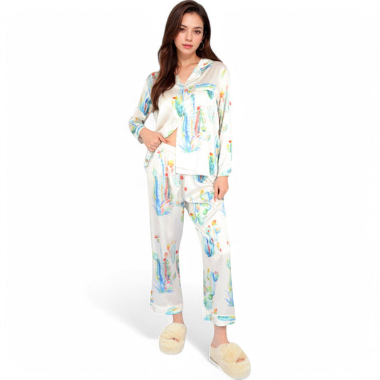 Satin Pajama Set with Cactus Print and Relaxed Fit
