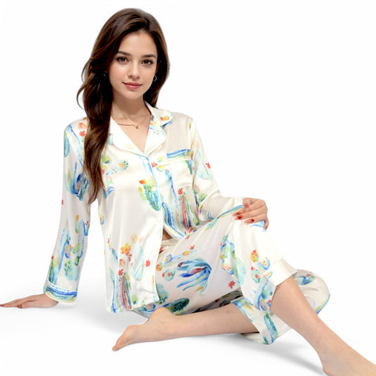 Satin Pajama Set with Cactus Print and Relaxed Fit