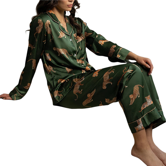 Long Sleeve Button Front Pajama Set with Tiger Print and Satin Finish