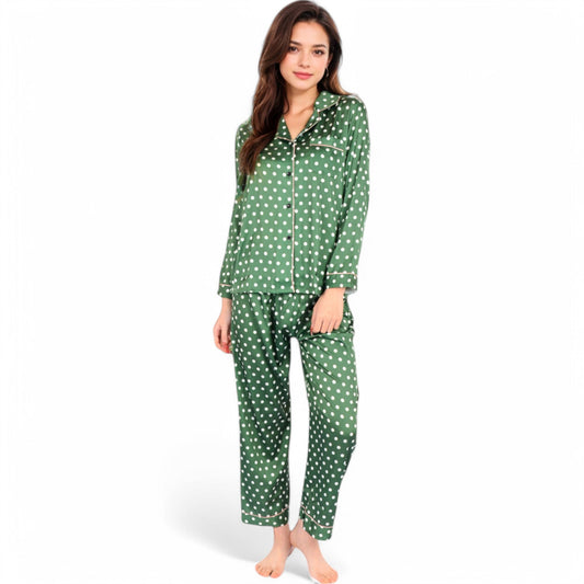 Polka Dot Satin Pajama Set with Ruffled Cuffs and Piping Detail