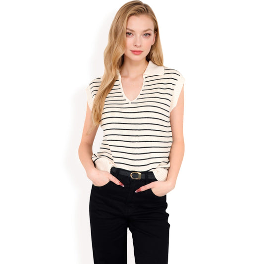 Striped Knit Sleeveless Sweater Vest with Collared V-Neck