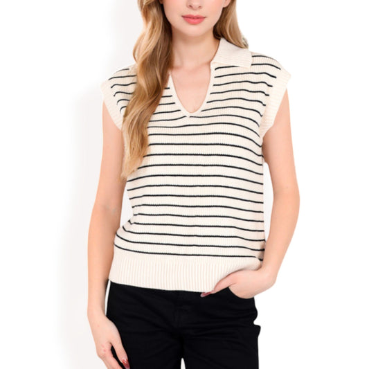 Striped Knit Sleeveless Sweater Vest with Collared V-Neck
