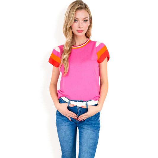 Colorblock Knit Short Sleeve Top with Bold Striped Sleeves