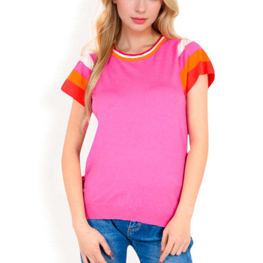 Colorblock Knit Short Sleeve Top with Bold Striped Sleeves