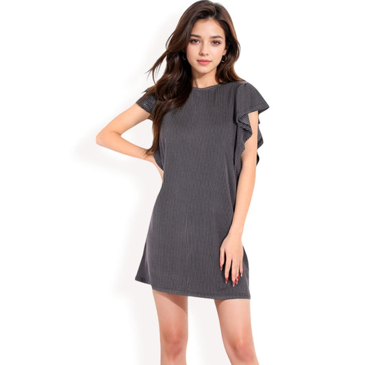 Ruffle Sleeve Textured Knit Mini Shift Dress