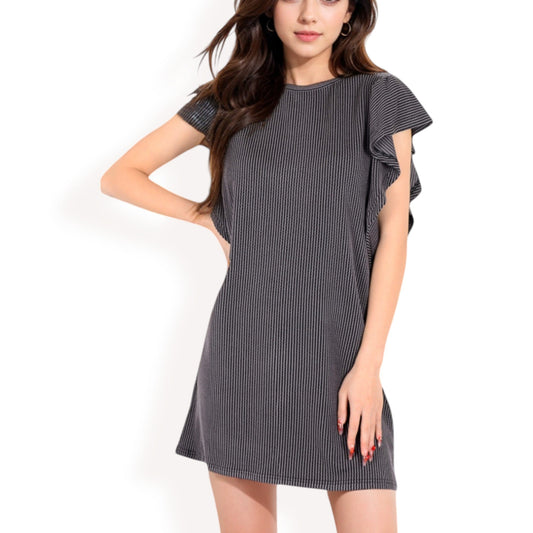 Ruffle Sleeve Textured Knit Mini Shift Dress