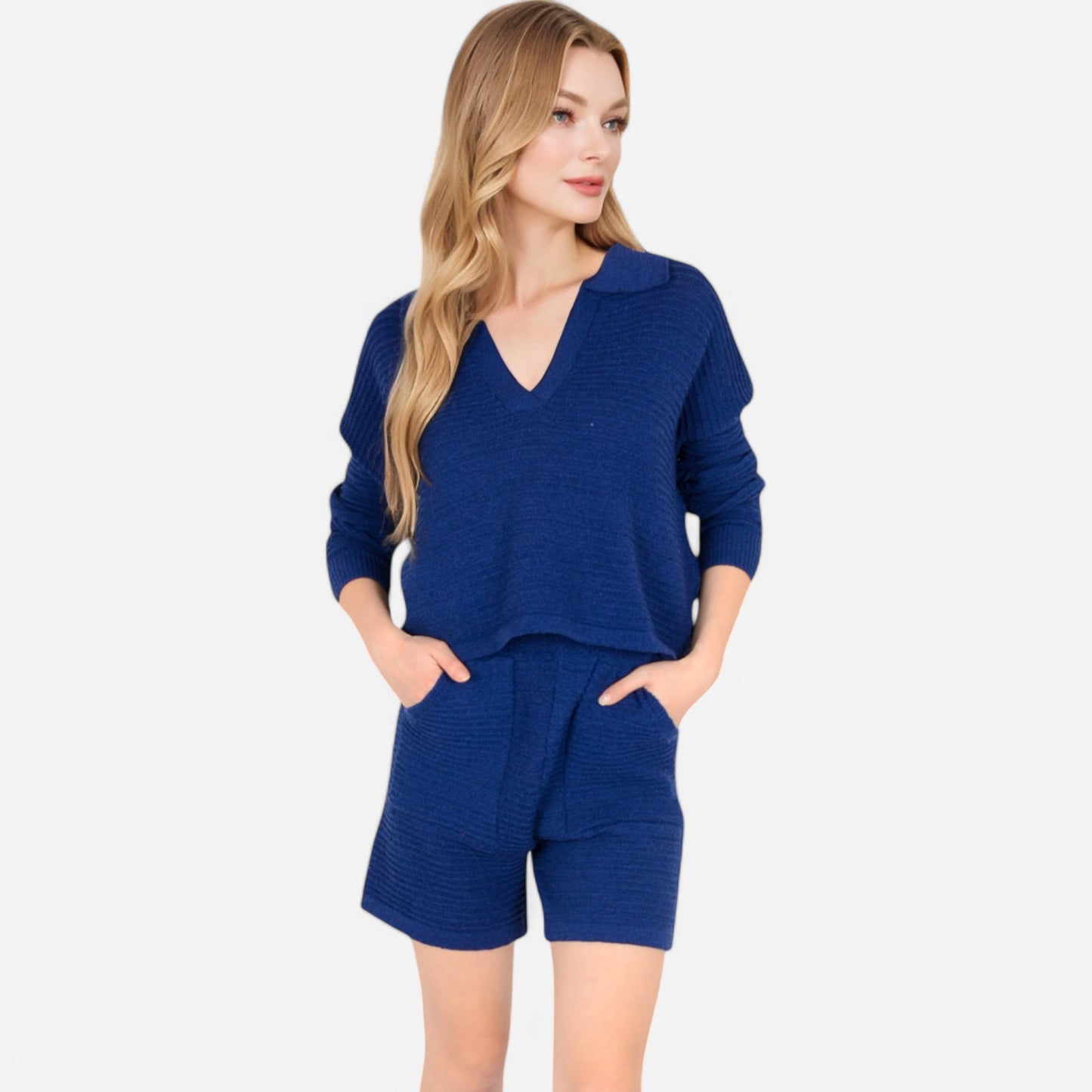 Women's Textured Long Sleeve Pullover and Shorts Set with Collared Neckline