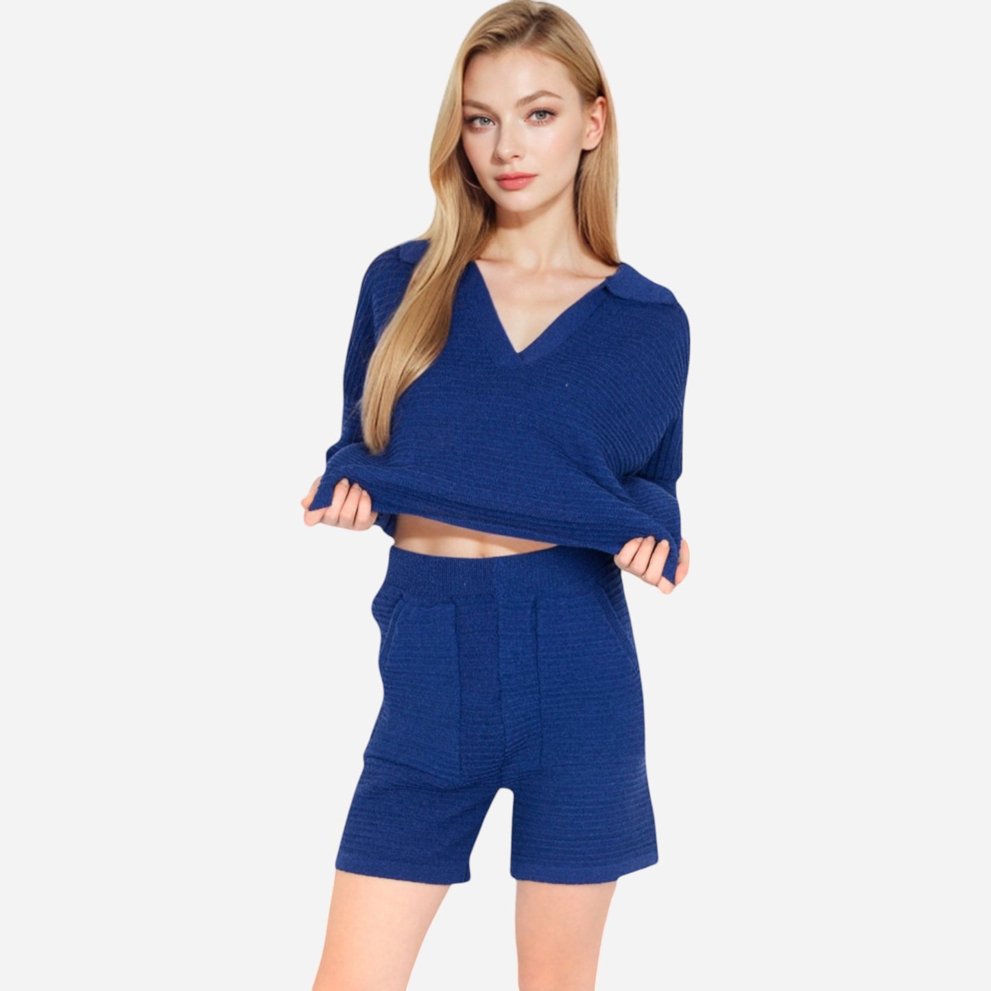Women's Textured Long Sleeve Pullover and Shorts Set with Collared Neckline