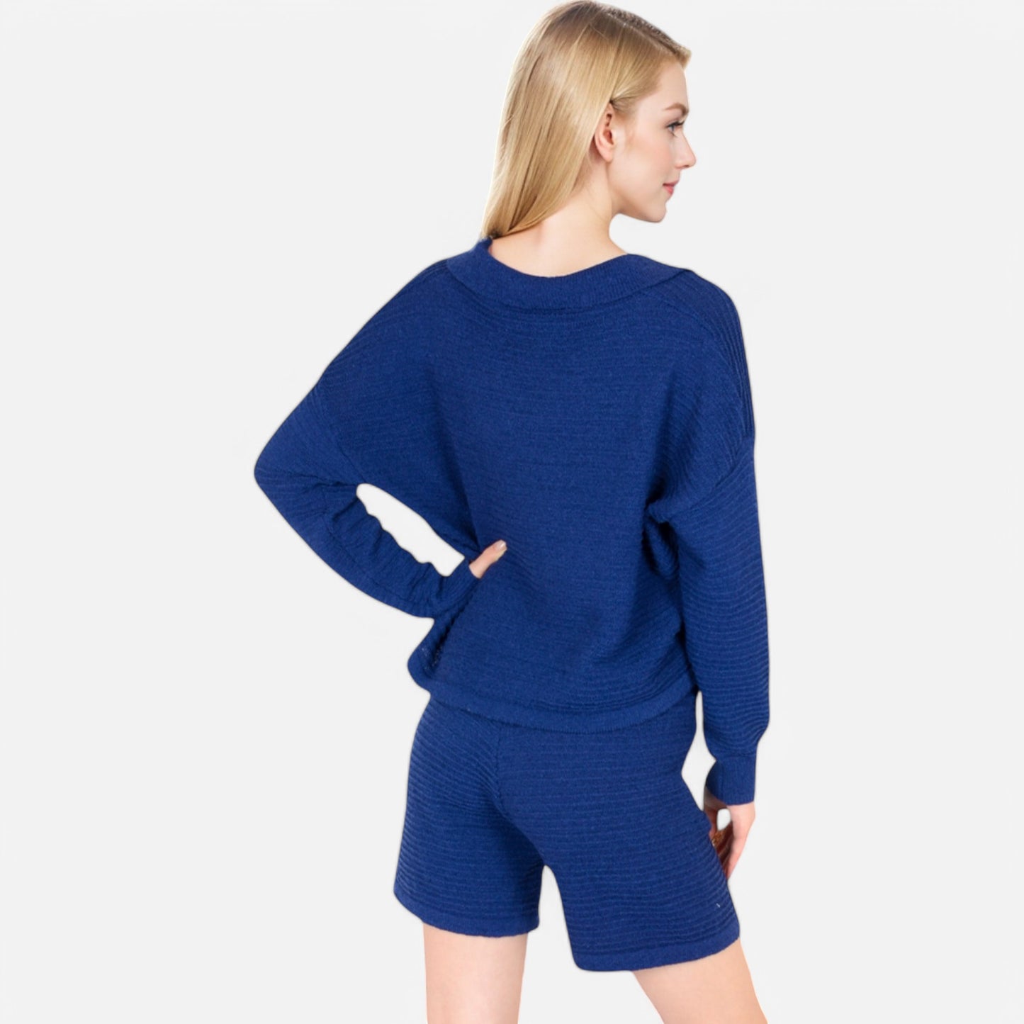 Women's Textured Long Sleeve Pullover and Shorts Set with Collared Neckline