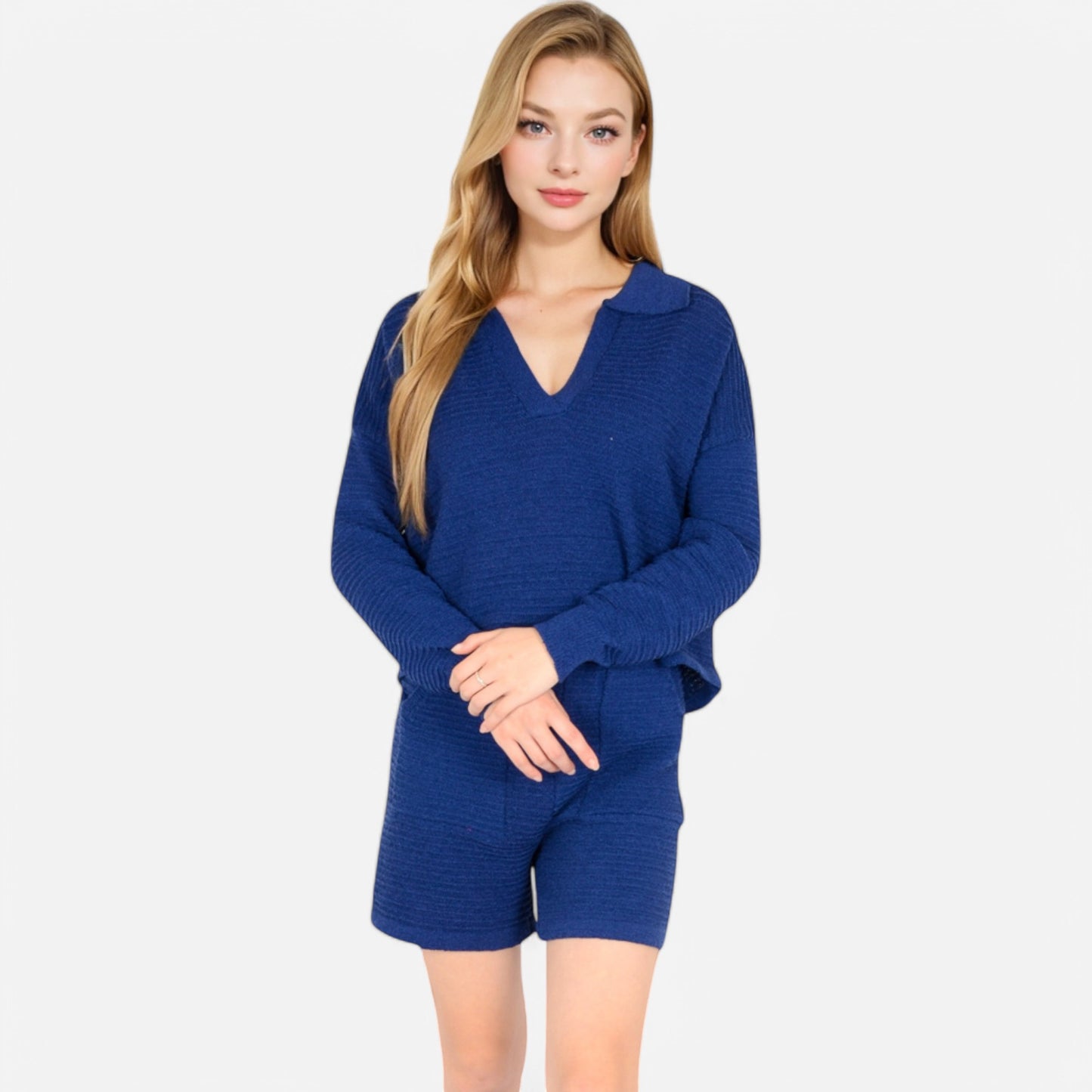 Women's Textured Long Sleeve Pullover and Shorts Set with Collared Neckline