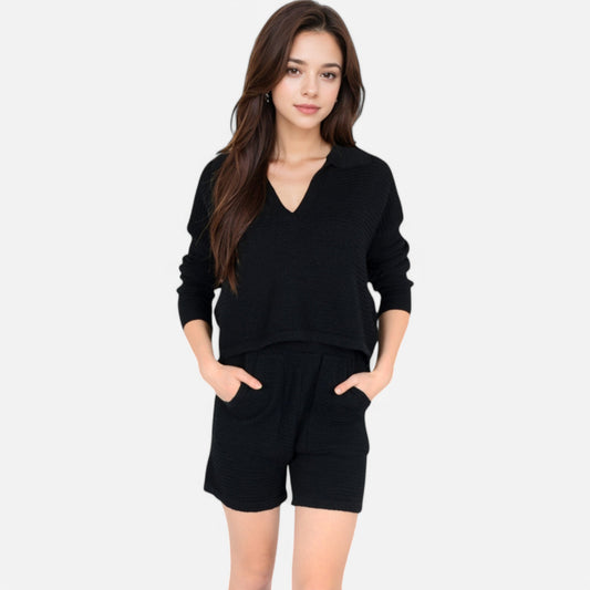 Women's Textured Long Sleeve Pullover and Shorts Set with Collared Neckline