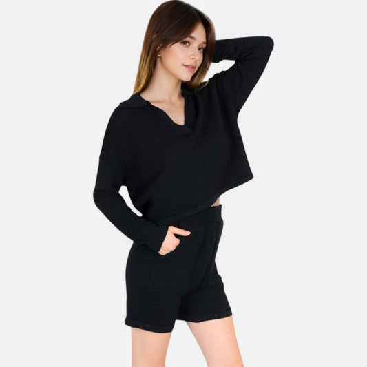 Women's Textured Long Sleeve Pullover and Shorts Set with Collared Neckline