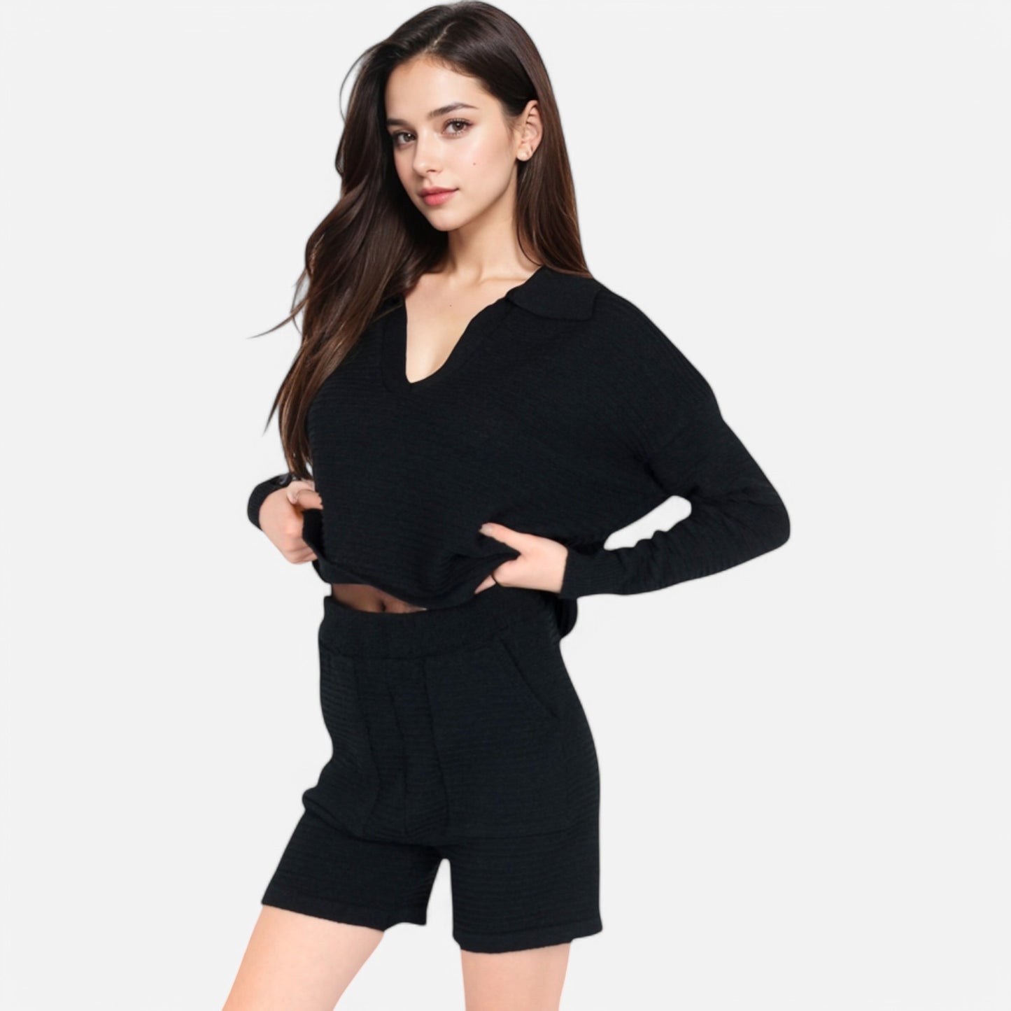 Women's Textured Long Sleeve Pullover and Shorts Set with Collared Neckline