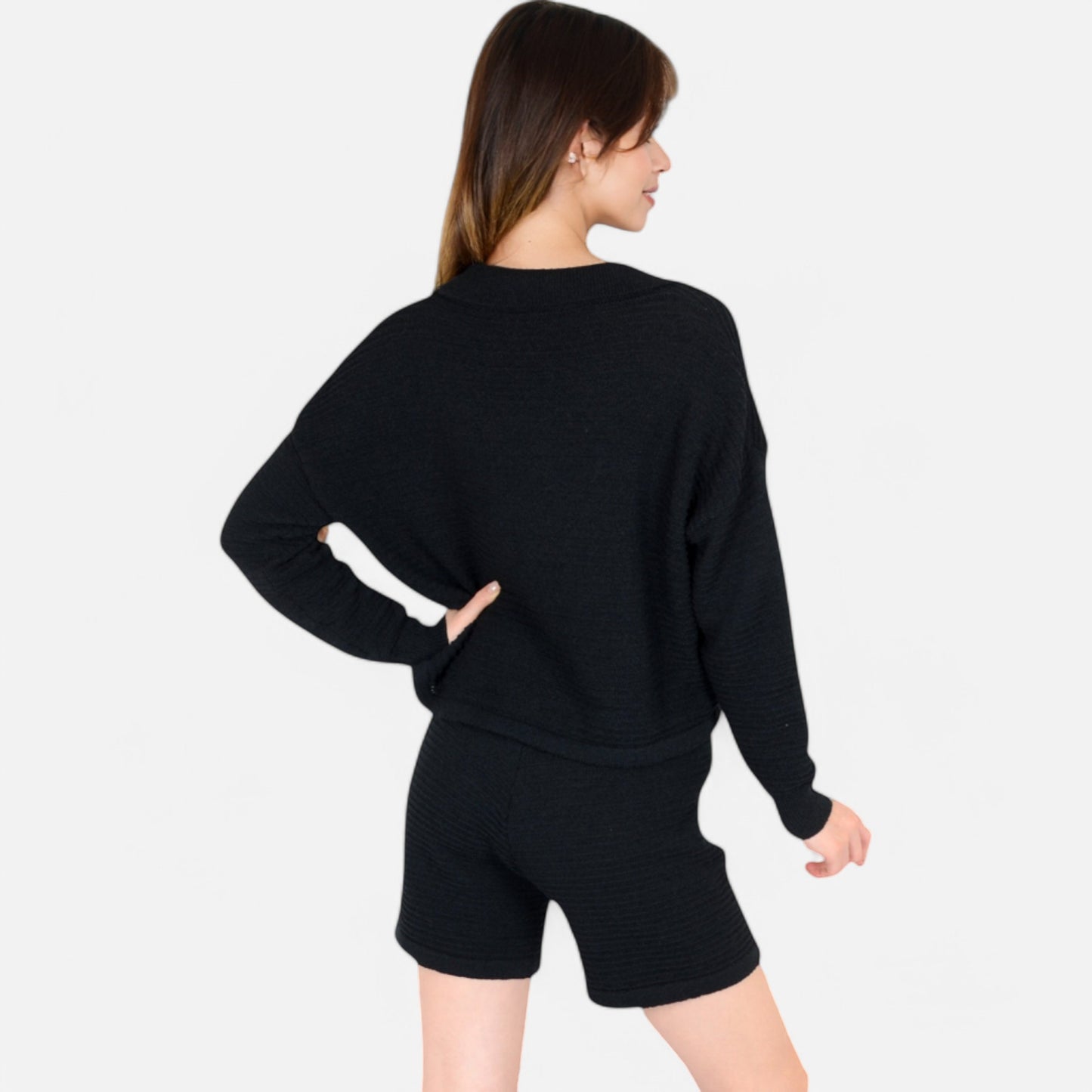 Women's Textured Long Sleeve Pullover and Shorts Set with Collared Neckline