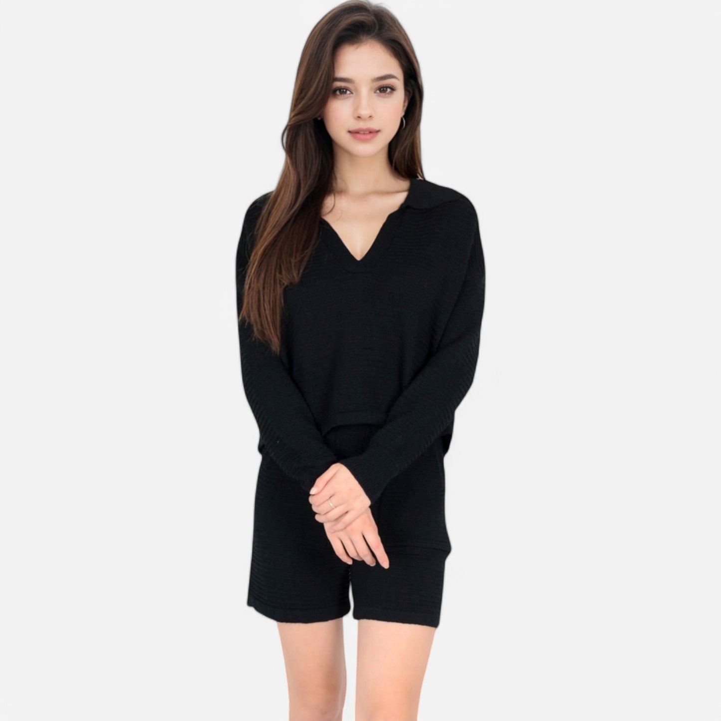 Women's Textured Long Sleeve Pullover and Shorts Set with Collared Neckline