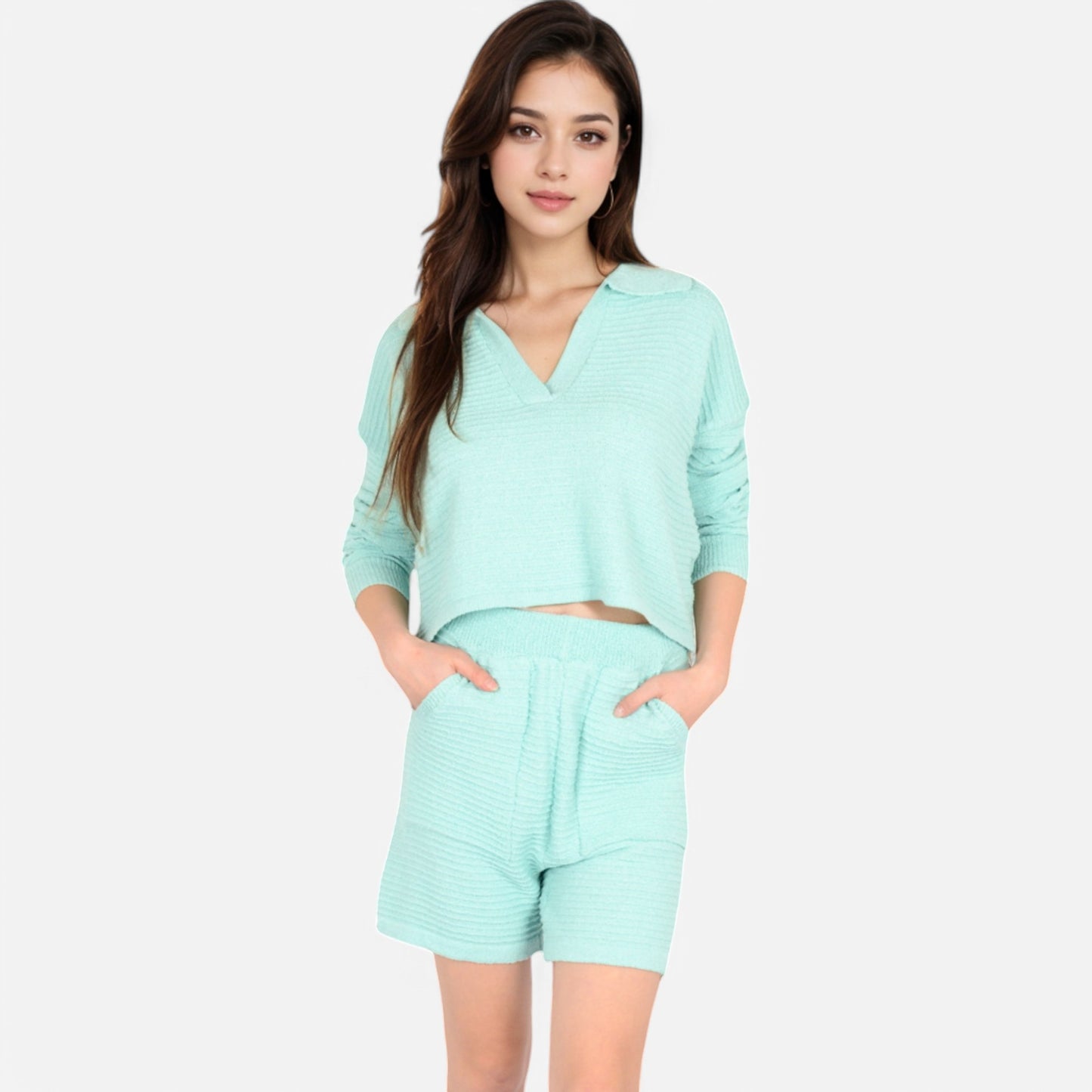 Women's Textured Long Sleeve Pullover and Shorts Set with Collared Neckline