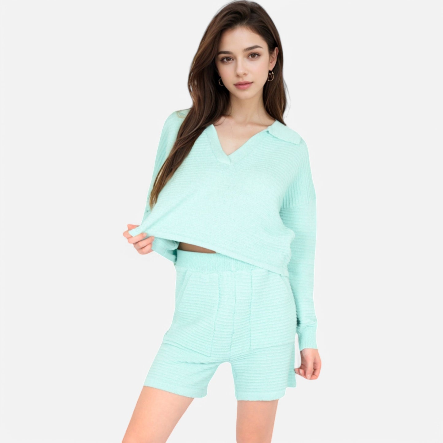 Women's Textured Long Sleeve Pullover and Shorts Set with Collared Neckline