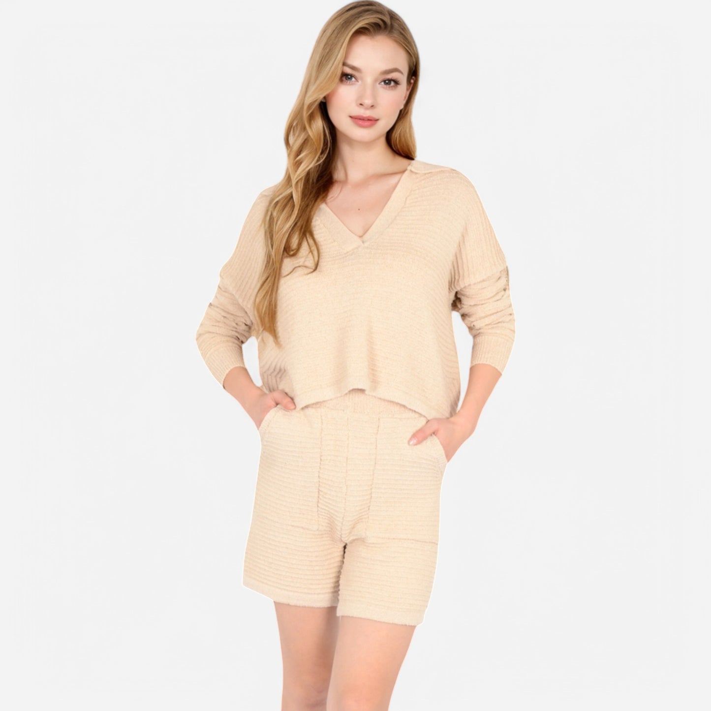 Women's Textured Long Sleeve Pullover and Shorts Set with Collared Neckline