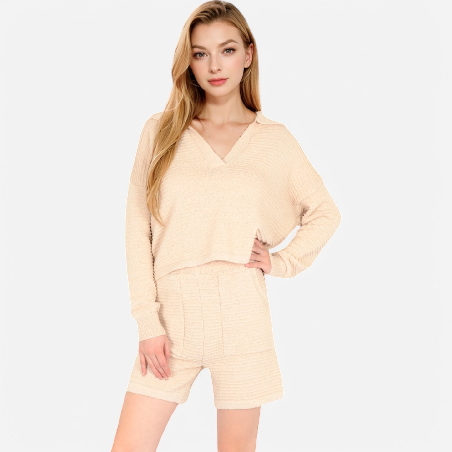 Women's Textured Long Sleeve Pullover and Shorts Set with Collared Neckline