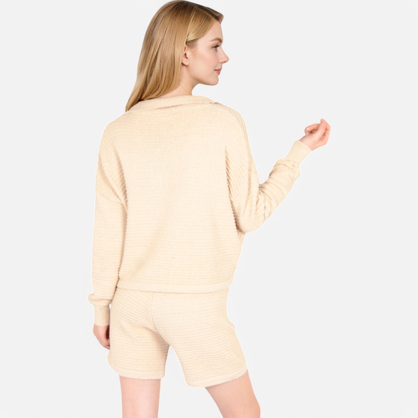 Women's Textured Long Sleeve Pullover and Shorts Set with Collared Neckline
