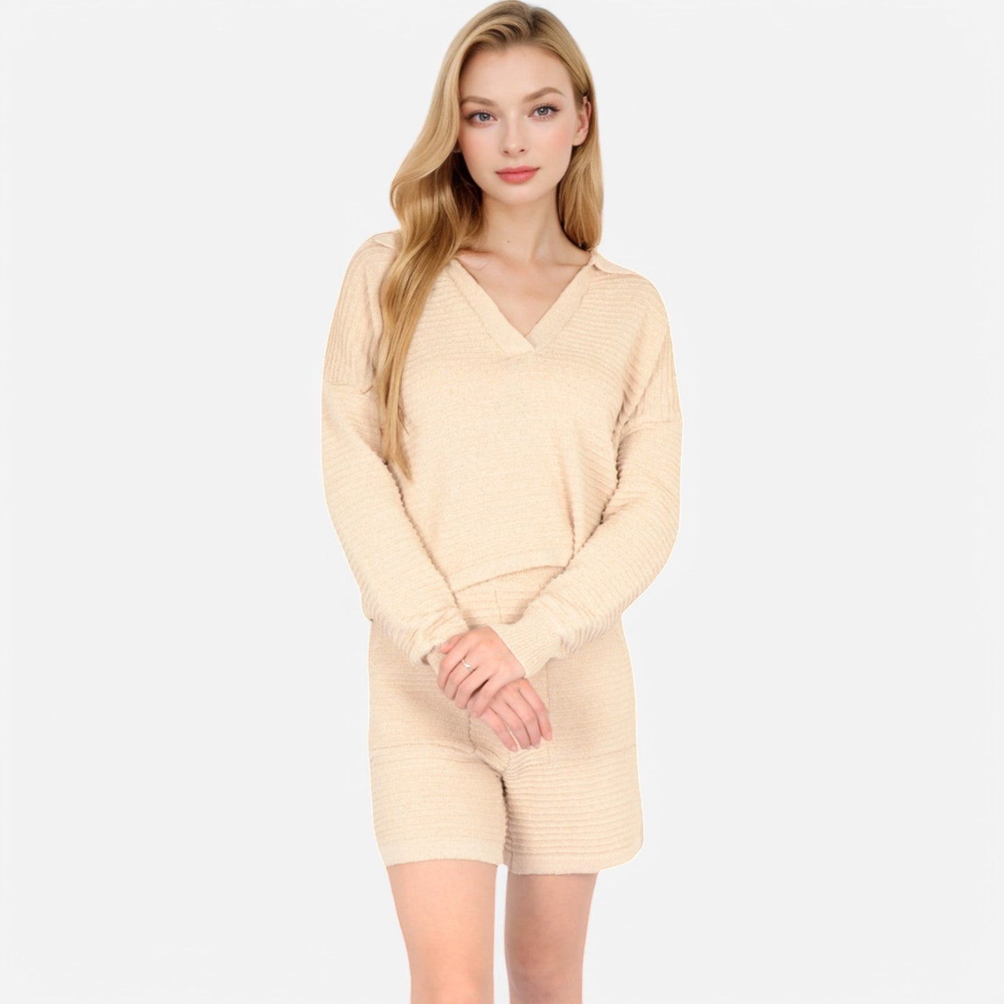 Women's Textured Long Sleeve Pullover and Shorts Set with Collared Neckline