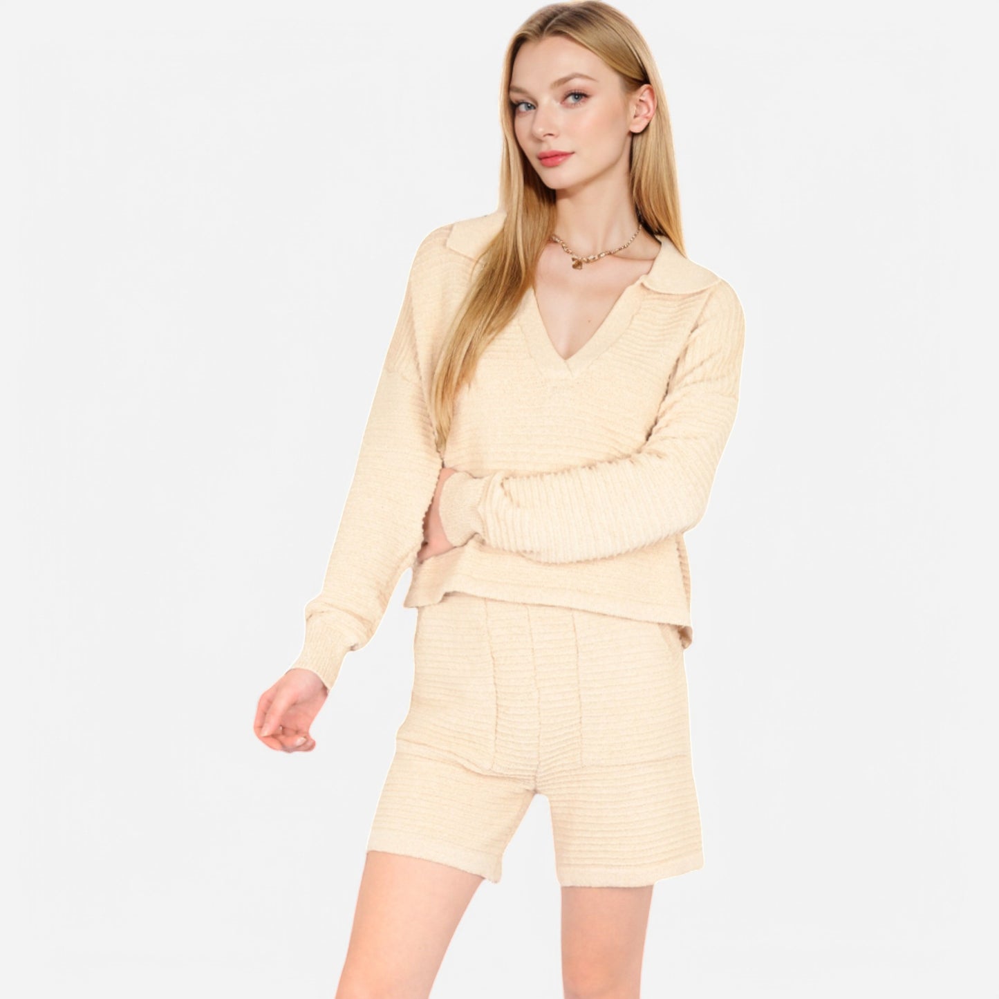Women's Textured Long Sleeve Pullover and Shorts Set with Collared Neckline