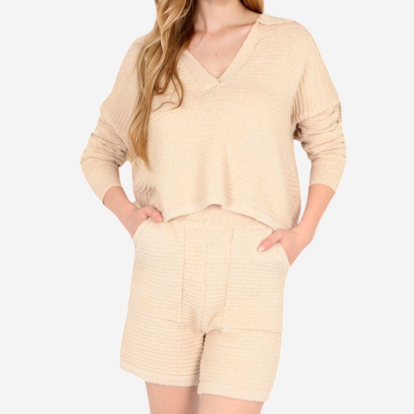 Women's Textured Long Sleeve Pullover and Shorts Set with Collared Neckline
