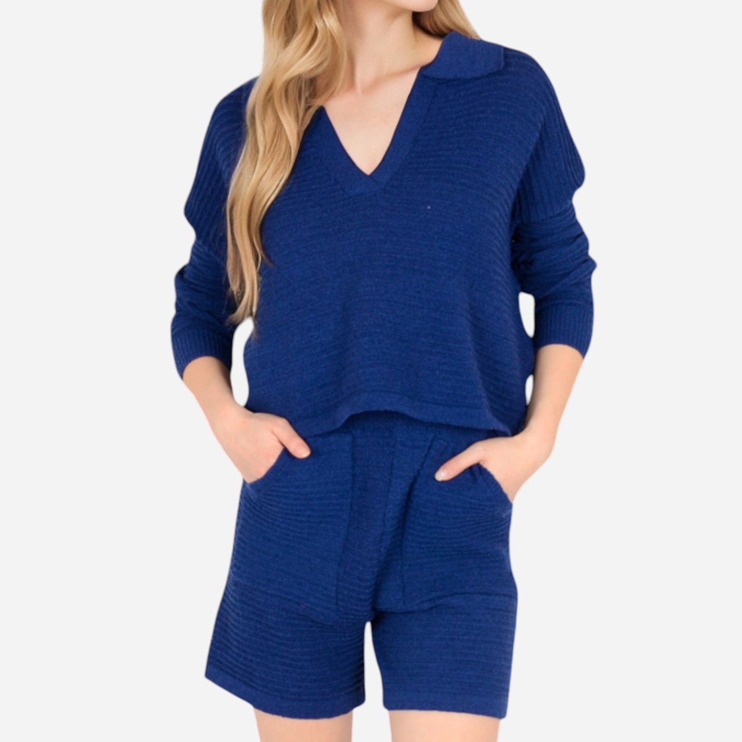 Women's Textured Long Sleeve Pullover and Shorts Set with Collared Neckline