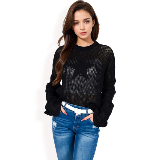 Oversized Star Cutout Knit Pullover Sweater with Drop Shoulder Design