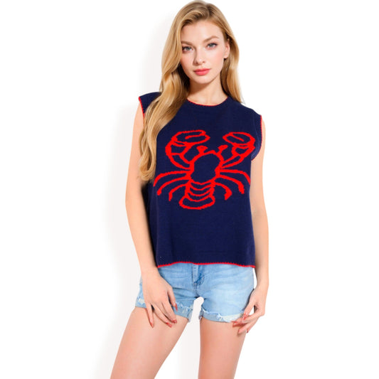 Cherry Embroidered Knit Sleeveless Sweater Vest with Ribbed Trim