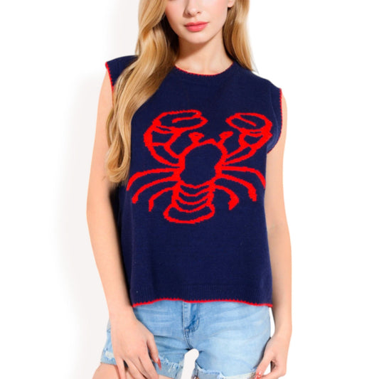 Cherry Embroidered Knit Sleeveless Sweater Vest with Ribbed Trim